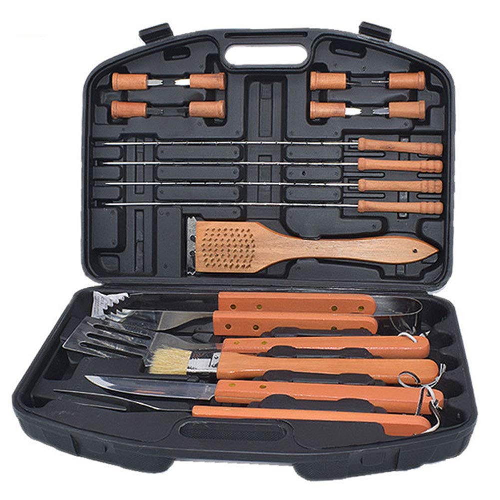 Completo 18pcs Herramienta Barbacoa, Juego de Utensilios para Barbacoa al Aire Libre con Mango de Madera, Juego de Utensilios para Barbacoa al Aire Libre para Hombres/Padres Madera