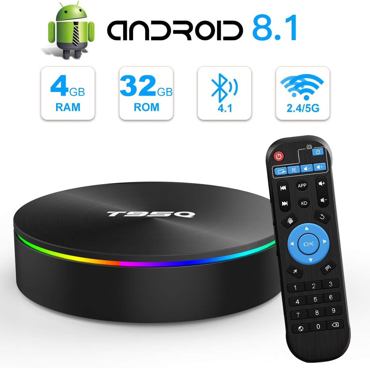 Android TV BOX, T95Q Android 8.1 TV BOX 4GB RAM 32GB ROM Amlogic S905X2 Quad-core Cortex-A53 HDMI 2.1 4K Resolution H.265 2.4GHz 5GHz Dual Band WiFi Bluetooth 4.1 Smart Box