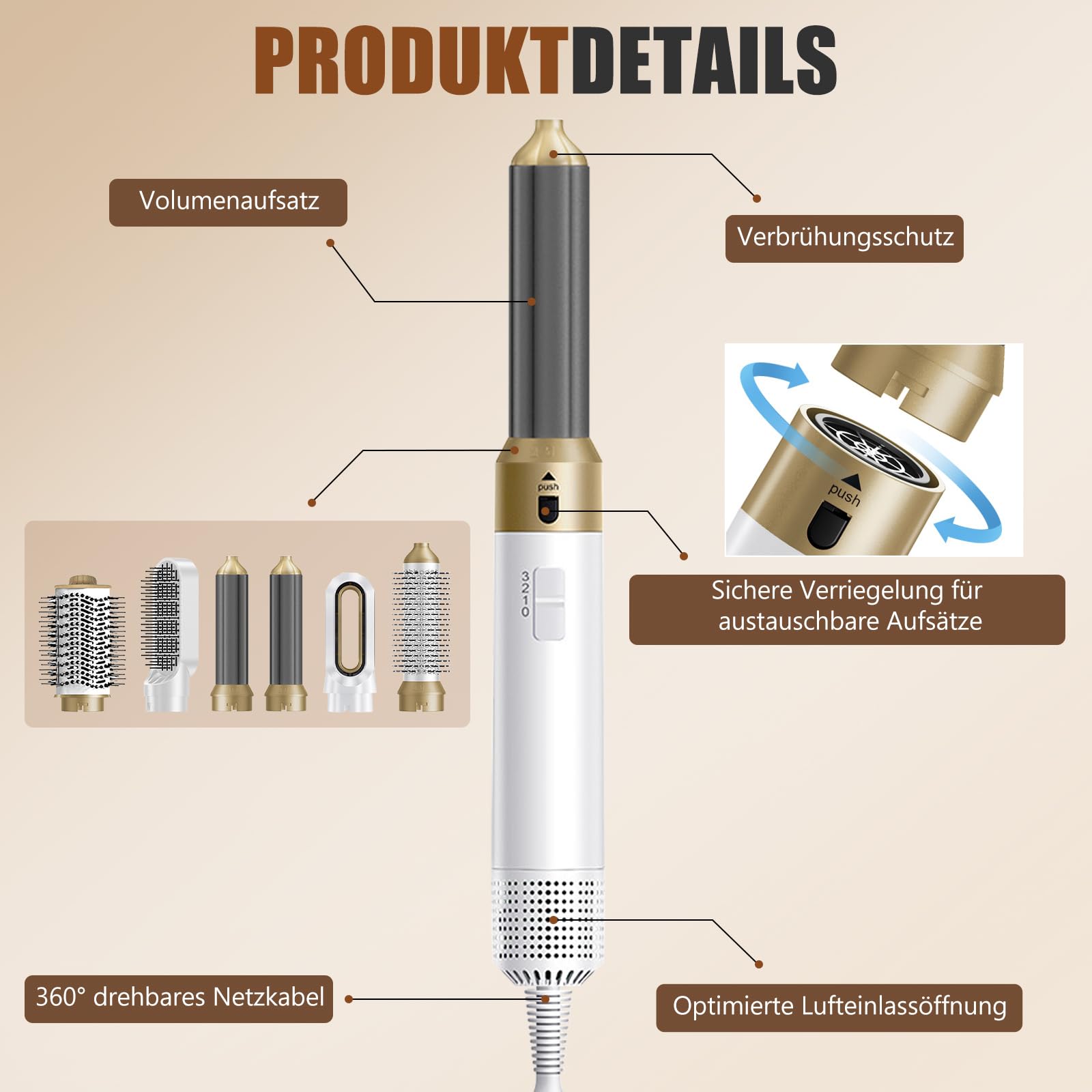 6 in 1 Hairstyler, Ionen Föhn, 1000W Multifunktionaler Hairstyler, Lockenstab Automatisch, Keramiktechnologie, Professioneller Warmluftbürste, Locken und Glätten (Weiß)