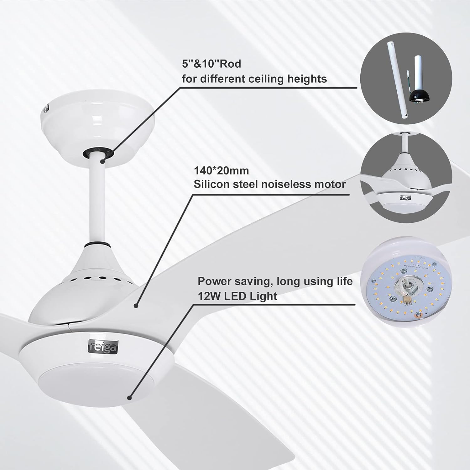 Best Deal Product reiga 52-Inch DC Motor Ceiling Fan with Light & Remote, 3 White Color Blades Suit for Indoor/Outdoor, 6-Speed, 3 Color Temperature Switch