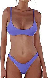 Conjunto de biquíni feminino de 2 peças, tanga brasileira, corte alto, acolchoado, gola redonda, push up, parte inferior atrevida