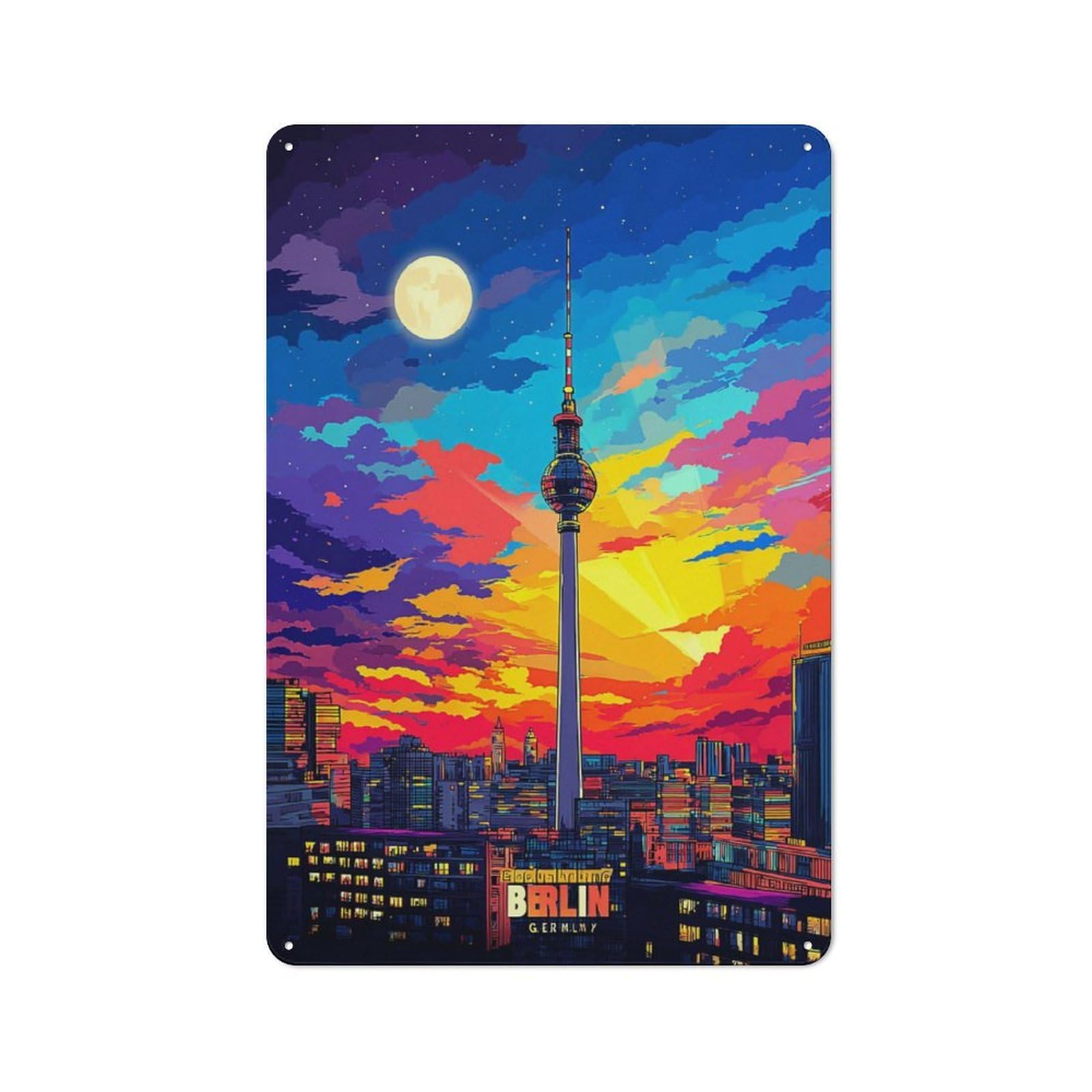 Junmoney Berlin Tower Sunset Shop Front Style Decorative Metal Plaque 30X20cm, Shop Wall Decor For Cafe, Bistro, Bakery Or Restaurant