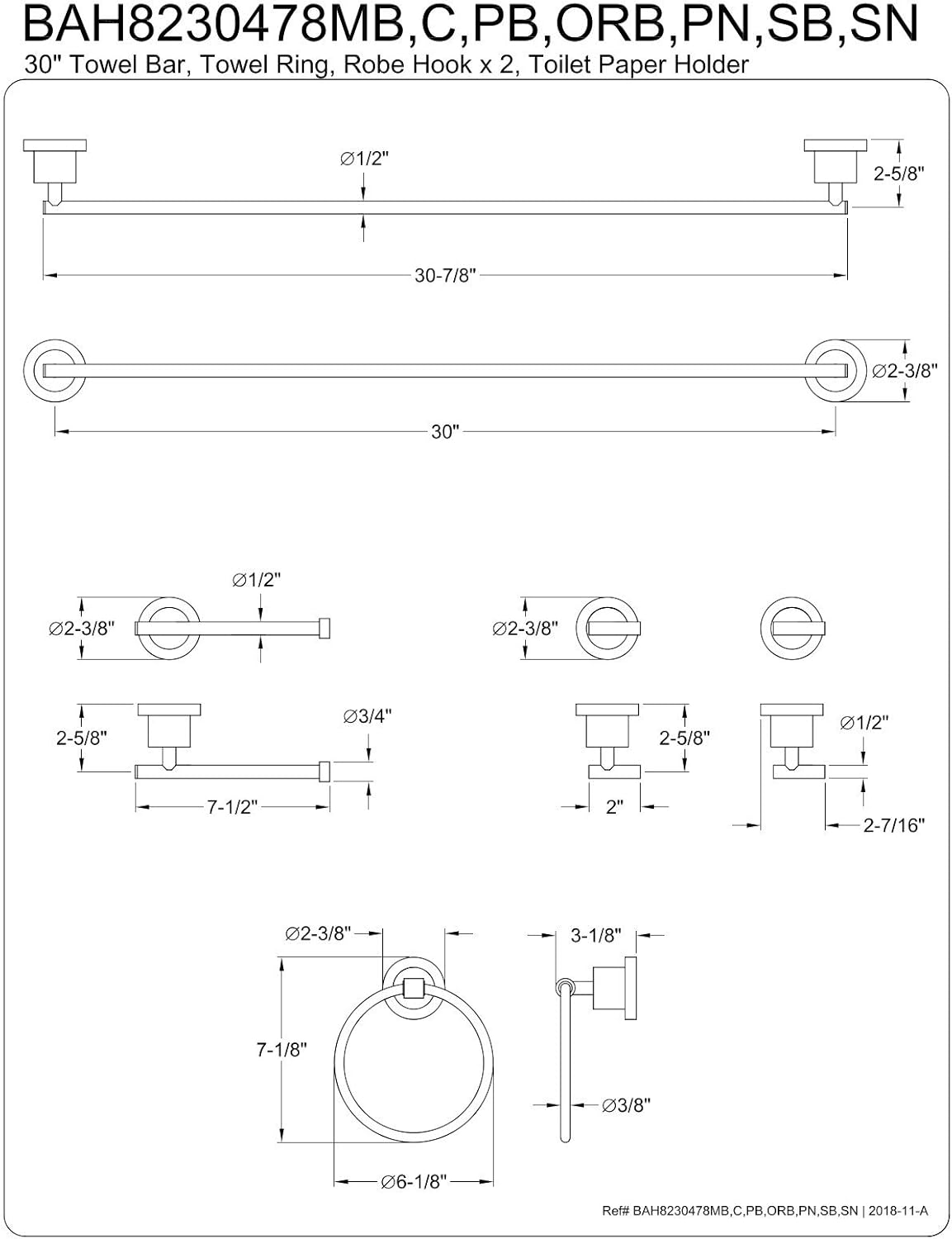 Kingston Brass BAH8230478C Concord 5-Piece 30-Inch Towel Bar Bathroom Accessory Set in Polished Chrome