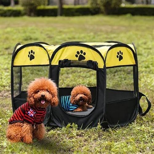 Cercadinho Extra Grande Tecido Cão Gato Coelho Pets Tenda Casinha Cercado Portátil Amarelo E Preto 1
