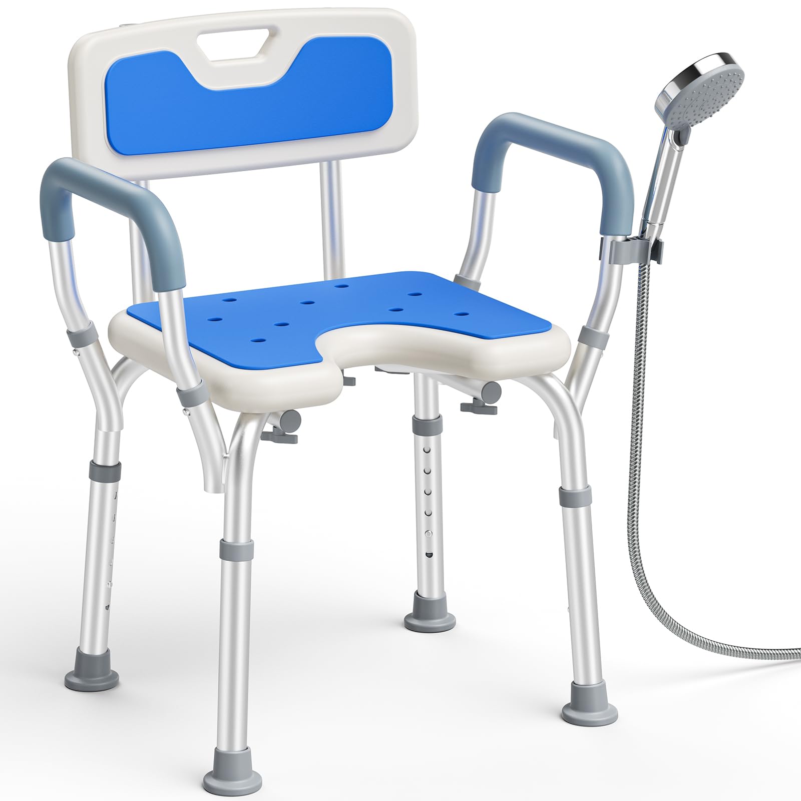 Silla para Ducha, Taburete Ducha con Respaldo y Reposabrazos Extraíbles, 6 Altura Ajustable, Antideslizante, Silla Ducha para Personas Mayores y Discapacitadas, Capacidad de hasta 150 kg