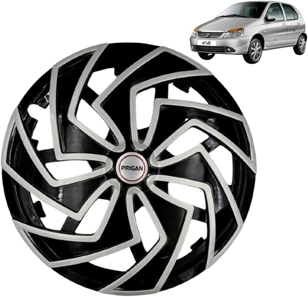 Prigan Wheel Cover for TATA Indica V2 14 Inch Black Silver Wheel Cap (Available in 13,14 Inch) (Set of 4 Pcs) (Press Fitting) Model- Spider BS-14