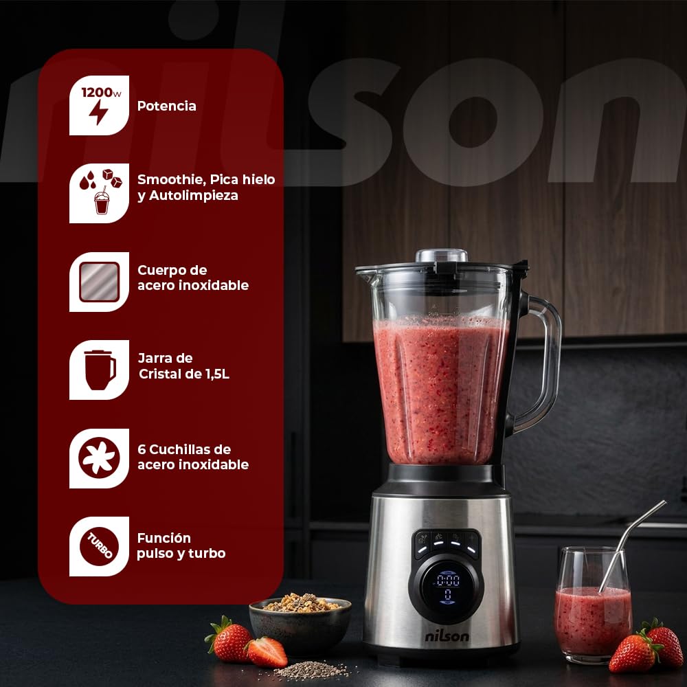 Batidora de Vaso Nutricional, 1200 W Potencia Máxima, Capacidad 1,5 L, 9 Velocidades, Display LED Manual, Tritura, Mezcla y Pica Hielo, Función Turbo, NTB1200DX, Cable 80 cm, Inox