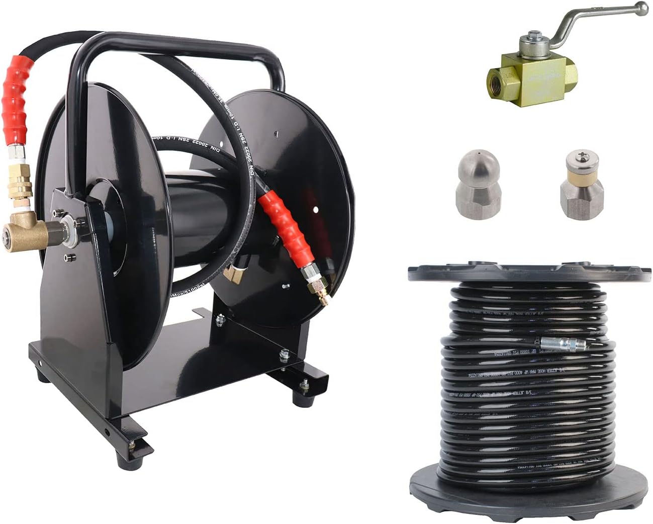 Scheiffer Sewer Jetting Kit - Ball Valve Hose Reel 3/8" x 200' Sewer Jetting Hose Button Nose and Rotating Nozzles