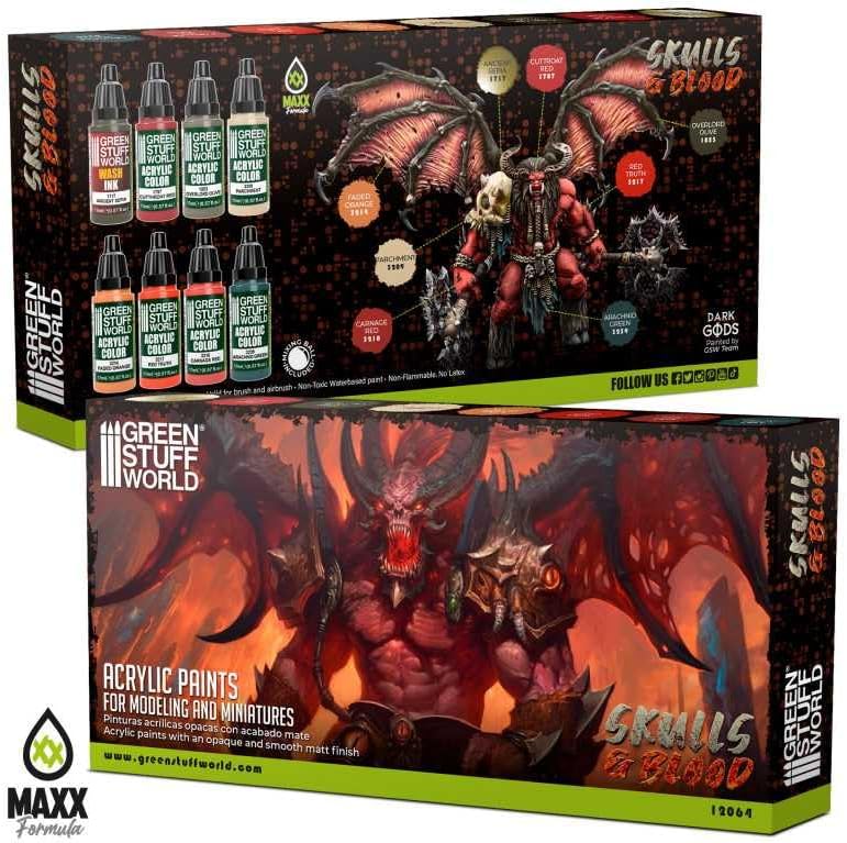 Green Stuff World Maxx Formula Acrylic Paint Set, Skulls & Blood, 8 Colors, 17ml Dropper Bottles 12064