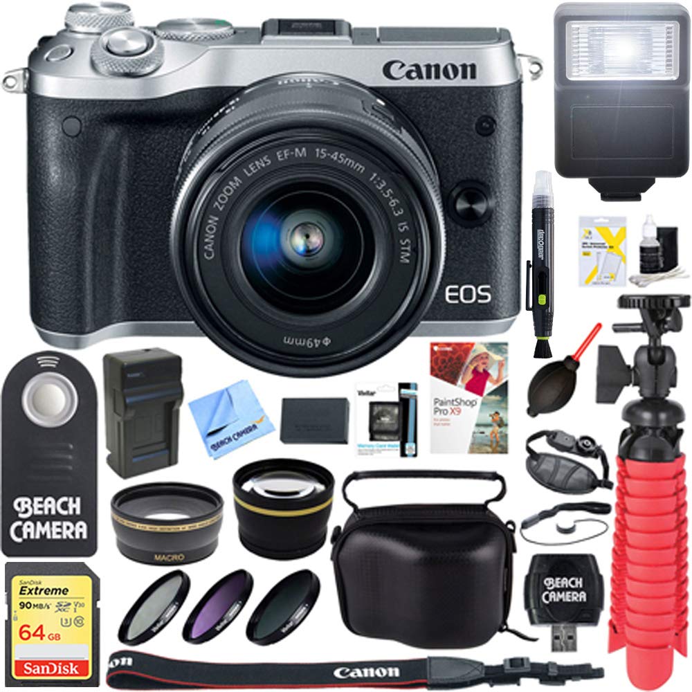 Canon M6 EOS 24.2MP Mirrorless Digital Camera with EF-M 15-45mm is STM Lens (Silver) + 64GB Extreme SDXC Memory UHS-I Card + Accessory Bundle