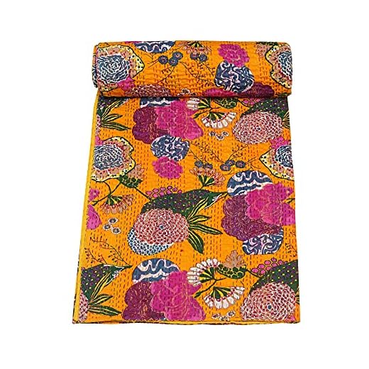 Marubhumi Indian Handmade Stitched Pure Cotton Fruit Print Kantha Quilt, Reversible Kantha Quilt (Yellow, Queen (90"x 108"))