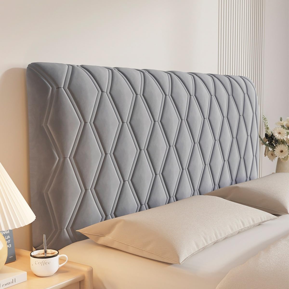 Velvet Bed Headboard Cover Full Queen King Size, Quilted Bed Headboard Slipcover Thicken Dustproof Headboard Padded Protector Cover for Bedroom Decor (Dark Gray,150cm/59in)