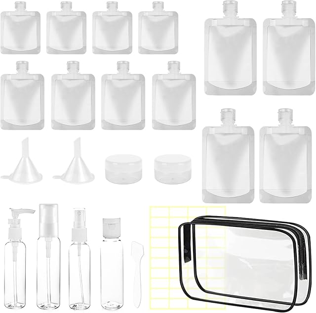 23Pcs Travel Bottles for Toiletries, Travel Toiletry Containers, Travel Pouches for Toiletries with 30ml 50ml 100ml Travel Bottles, Cosmetic Jars Funnels Labels for Travel Shampoo and Conditioner