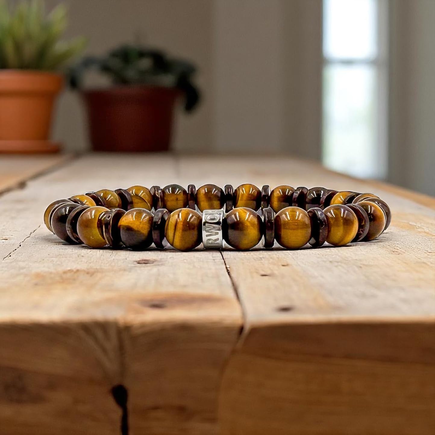 Everwood Rugged Gemstone Beaded Bracelet for Men - Wood Beads with Silver Stainless Steel Spacer - Handmade Stretch Bracelet Gift for Him - Handcrafted Original