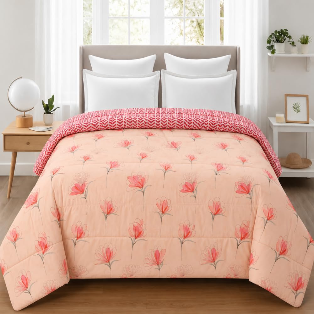 Florida Floral Microfiber AC Comforter for Double Bed | Soft Reversible 180 GSM Polycotton Lightweight Comforter | All-Season Bedding (Peach)-picture-34