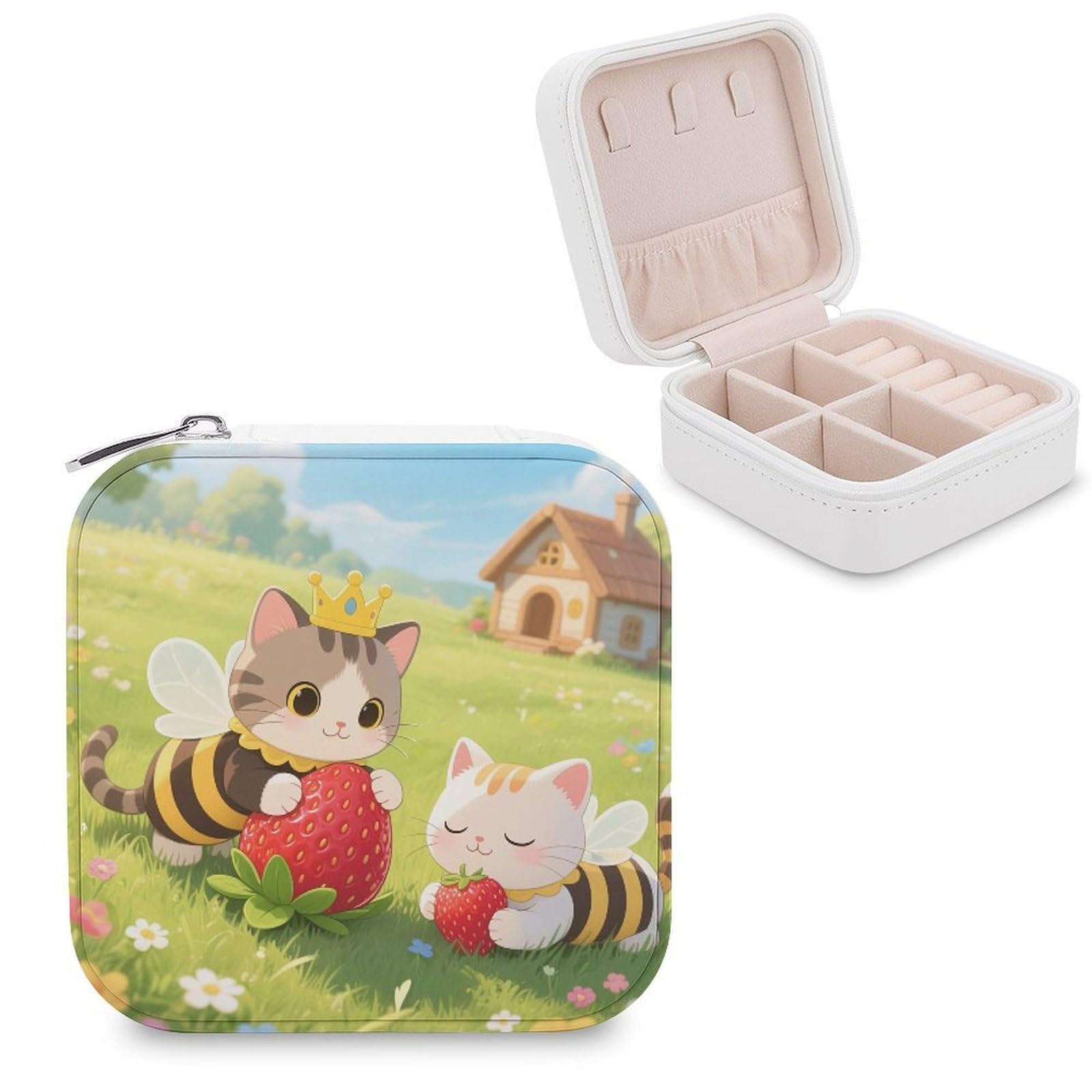 VstaDank Cottagecore Strawberry Cat Jewelry Box for Women Jewelry Organizer Storage Case with Zipper Mini Travel Jewelry Case Cute Trinket Organizer Leather Portable Jewelry Storage Box