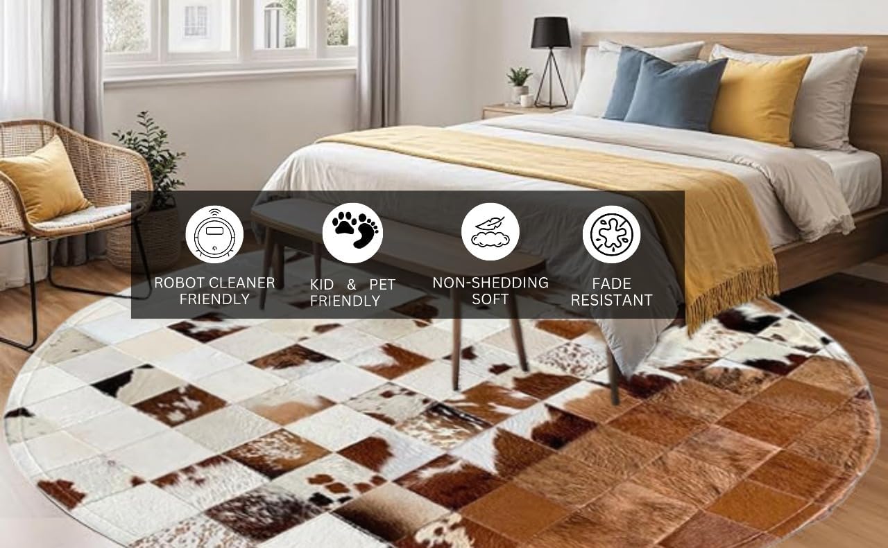 5x5 ft Brown & White Genuine Cowhide Leather Area Rug Square Patchwork Design Round Fade Resistant Non Slip Modern Floor Accent Cow Hairon Indoor Home Décor Carpets Mat for Living Room