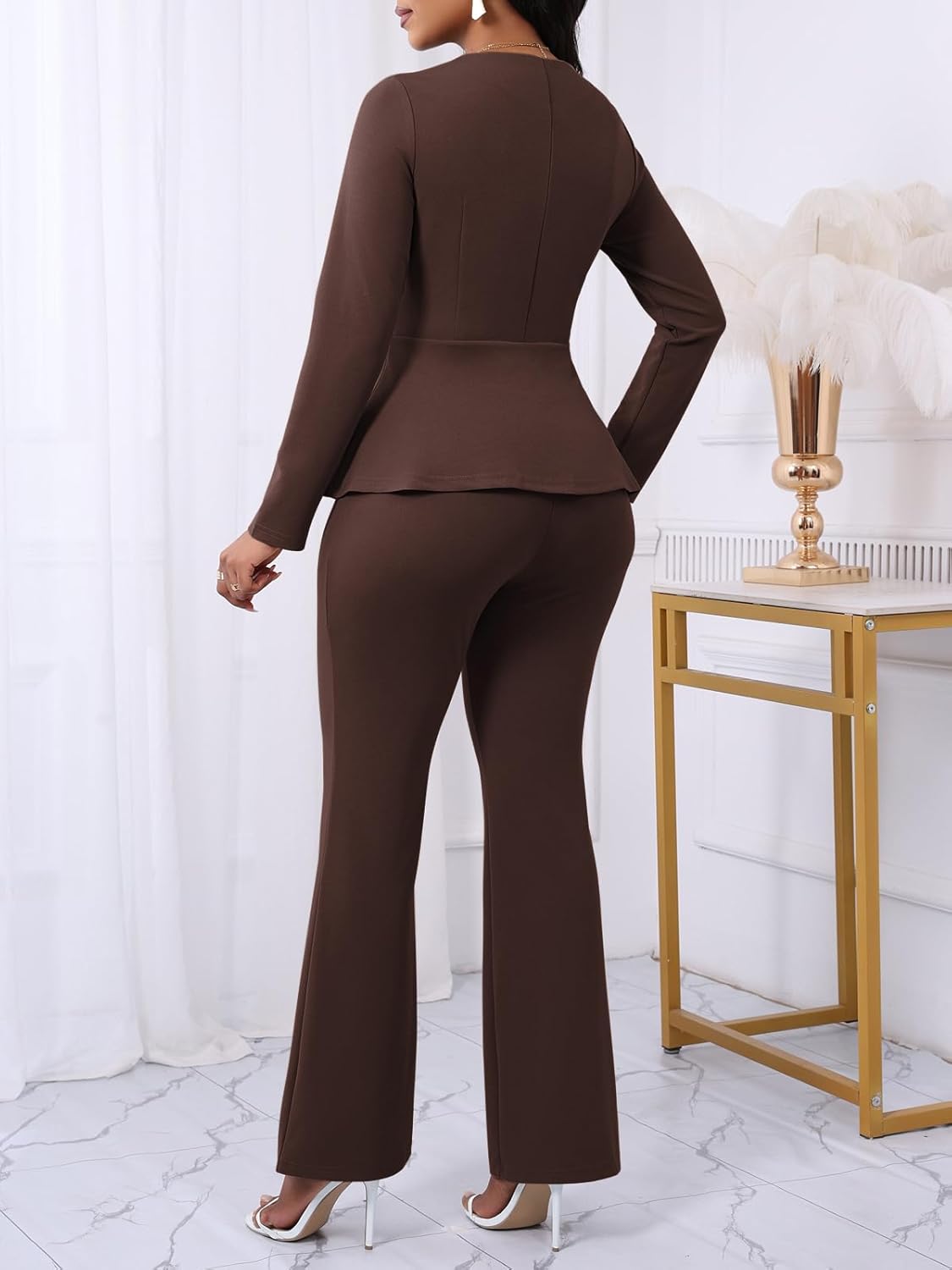 Ekaliy Women's 2 Piece Pants Suit Long Sleeve Blazer Flare Pant Set Casual Office Work Outfits - Image 4