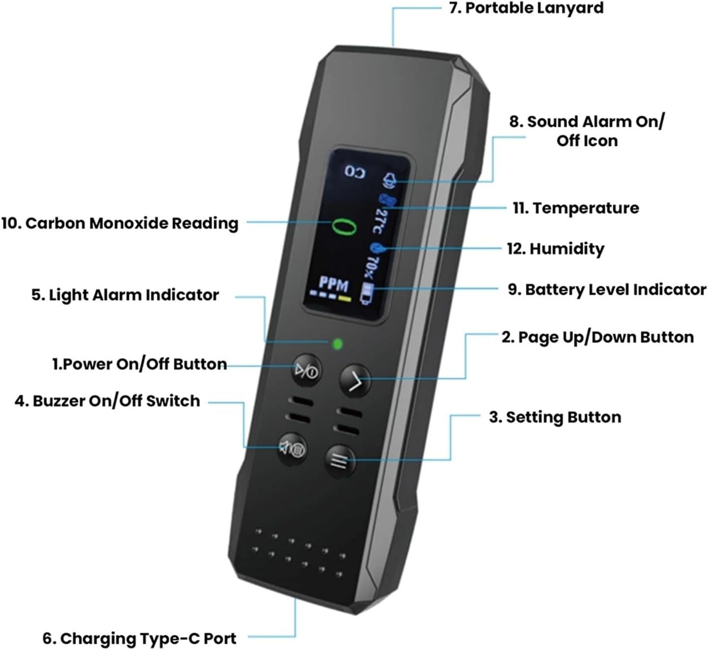 0.96inch TFT Color Screen Carbon Monoxide Detector CO/Temperature/Humidity Air Quality Monitor Sound/Flash/Vibration Alarm Mode(Black)