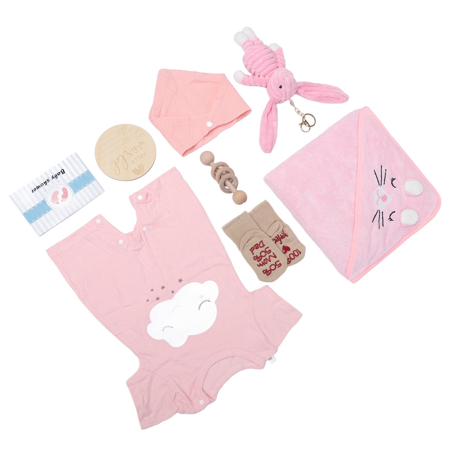 Jiawu Juego de Cestas de Regalo para Recién Nacidos, Incluye Ropa para Muñecas, Baberos, Calcetines, Sonajero, Juguete de Madera y Tarjeta de Felicitación, Toalla Suave (PINK)