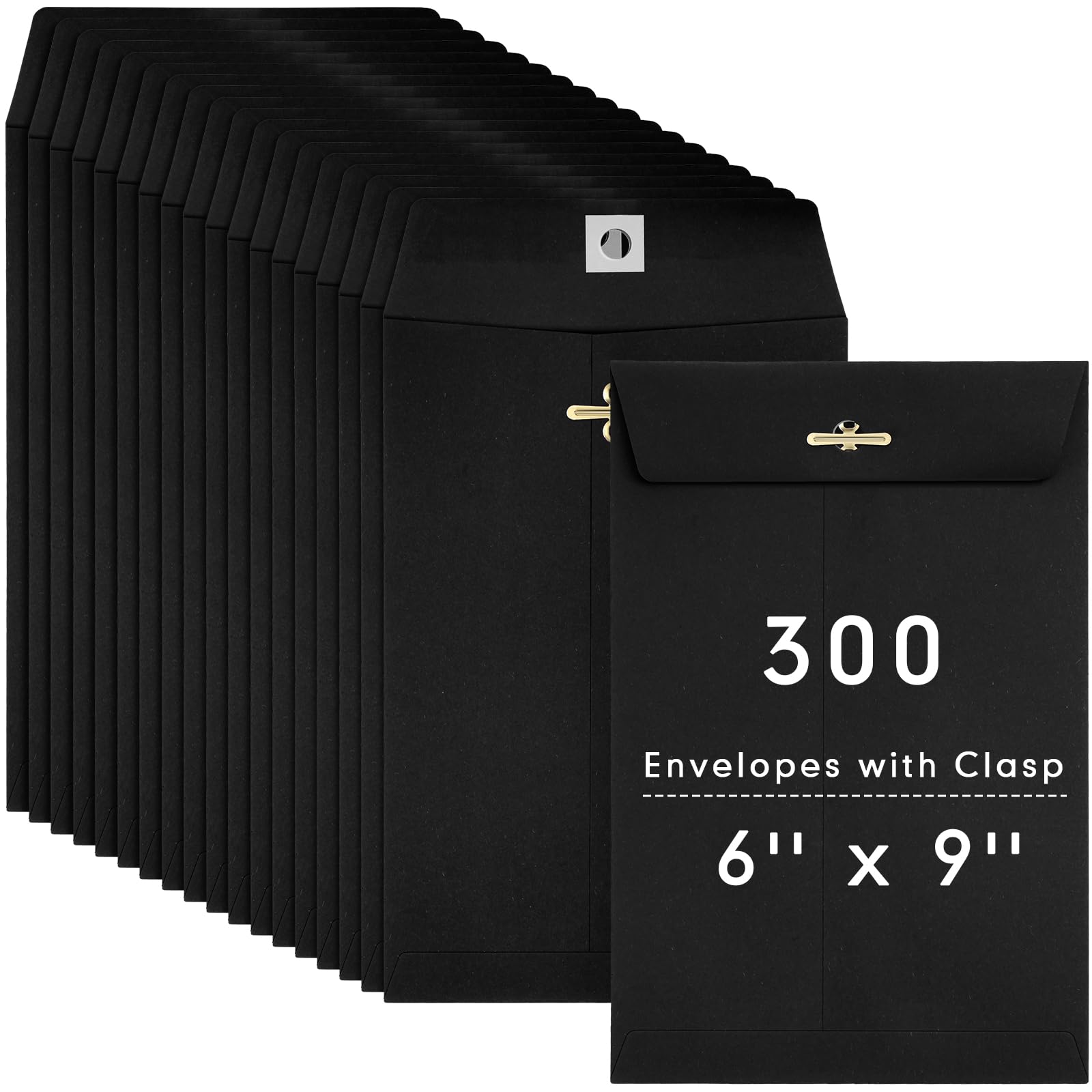 Teling 300 Pcs 6 x 9 Manilla Envelopes Clasp Envelope Kraft Catalog Envelope with Clasps Closure for Storing Mailing 28 lb Kraft Paper Envelope for Office Document Business School Home (Black)