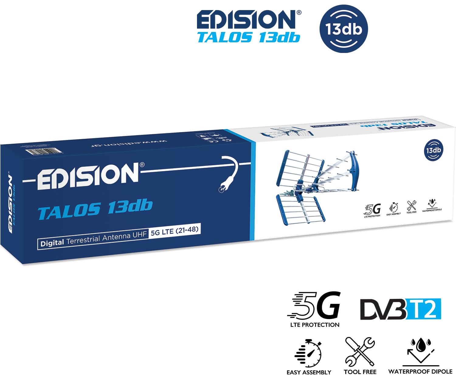 EDISION TALOS 13db Antenna TV tripla Digitale Terrestre UHF 21-48 esterno, con filtro 5G LTE, per Ricezione il segnale Digitale Terrestre DVB-T/T2, Frequenze 470-694Mhz, Lunghezza 78cm, LTE700, Blu