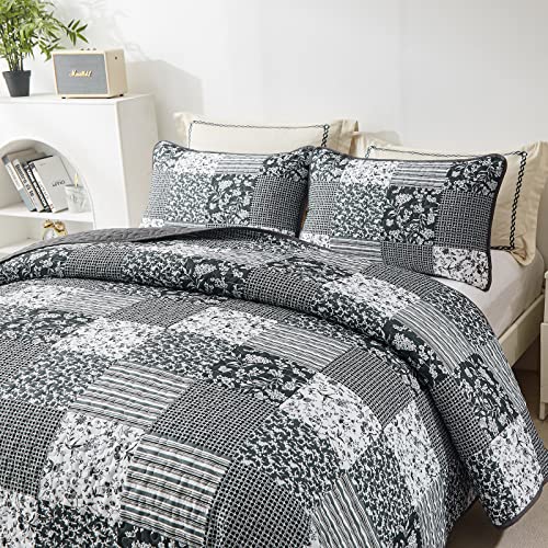 Mybedsoul Black Grey Boho Quilt Set King Size,3 Pieces Plaid Floral Bedspread Coverlet Set For All Season,Patchwork Reversible Bedding Set King 90"X104" #TOP1