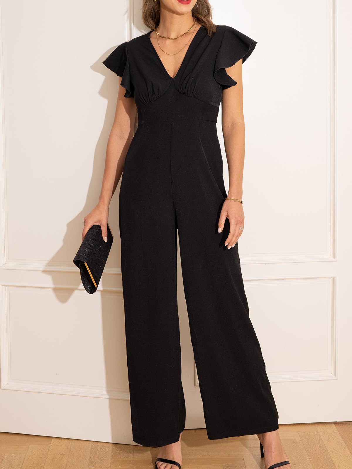 CUPSHE Tuta da donna casual elegante con scollo a V manica a volant lunghe gambe larghe tuta da vacanza tuta con cerniera