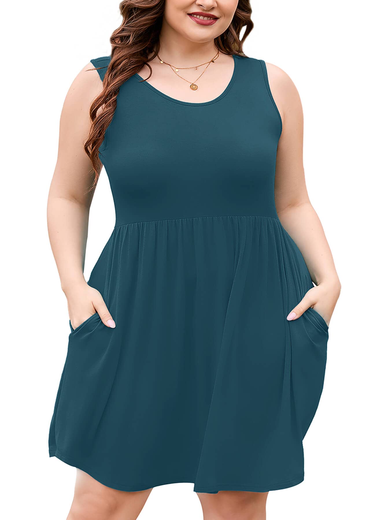 AusLook Plus Size Summer Tank Dress for Women Casual Sleeveless Crewneck Pleated Babydoll Swing Sundresses with Pockets 1X-5X
