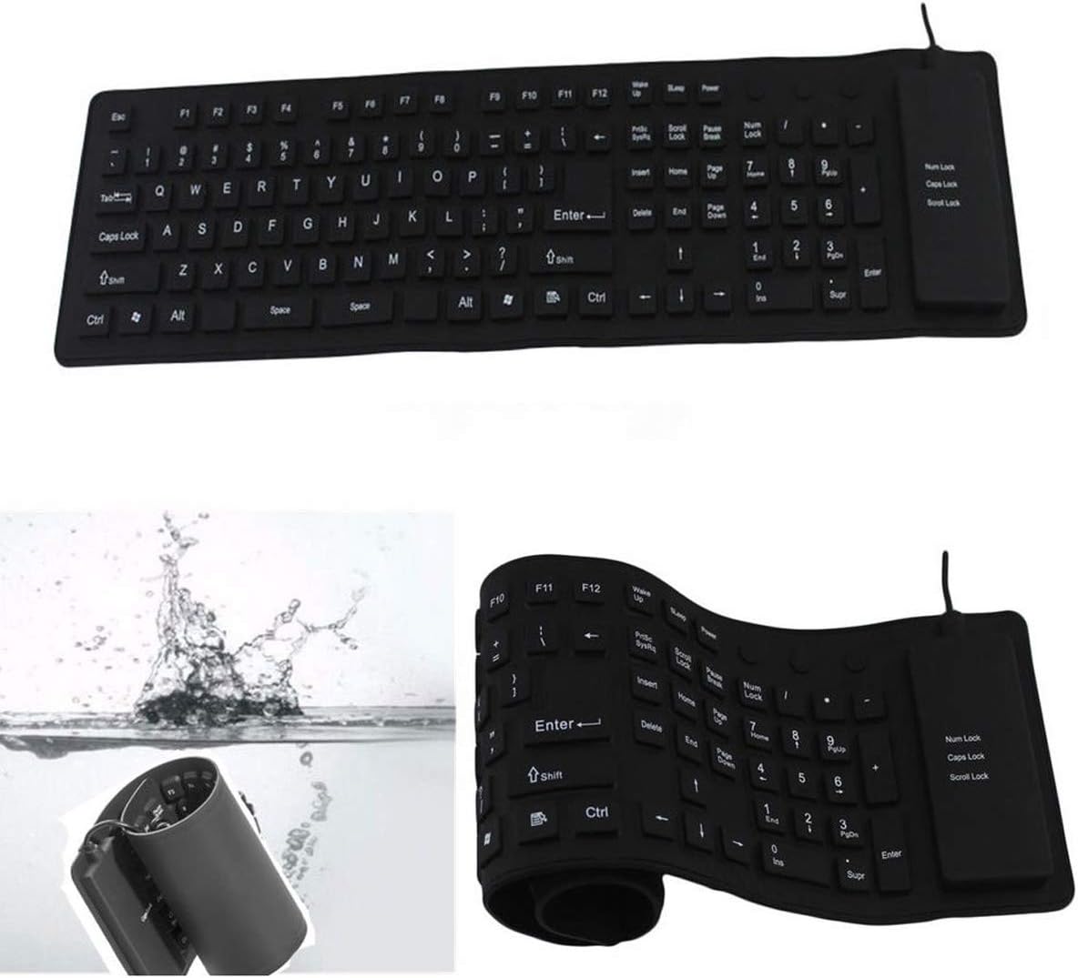 Foldable Silicone Keyboard 109 Keys Waterproof Portable Flexible Keyboard Roll-up Silent Keyboard with USB 2.0 for PC Notebook Laptop(Black)