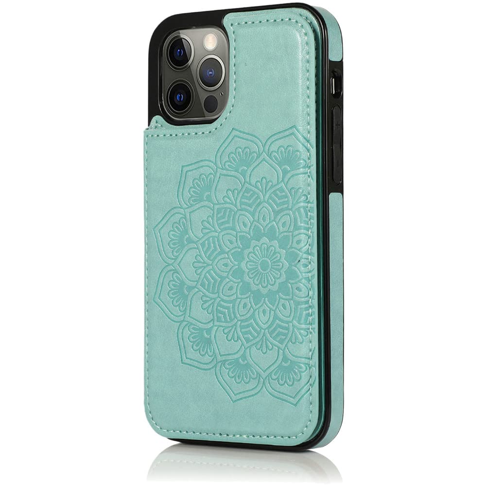 MyCellCovers for iPhone 13 Pro Max Luxury Side Magnetic Button Card Id Holder Pu Leather Case Cover - Teal Mandala Flower