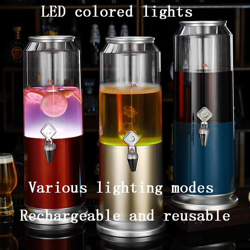 Dispensador de torre de cerveza Dispensador de bebidas con núcleo de hielo, 3 litros, gran capacidad, torre de cerveza, barril de cerveza, dispensador de alcohol con tubo de hielo y luz LED para fiest