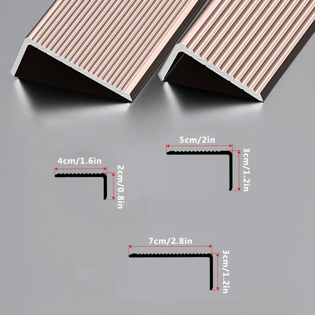 3 szt. Stopniowe wykończenie krawędzi w kształcie litery L w kolorze różowego złota 35,4 cala/90 cm, aluminiowa antypoślizgowa osłona krawędzi schodów, metalowe nakładki na noski schodów(5x3cm)