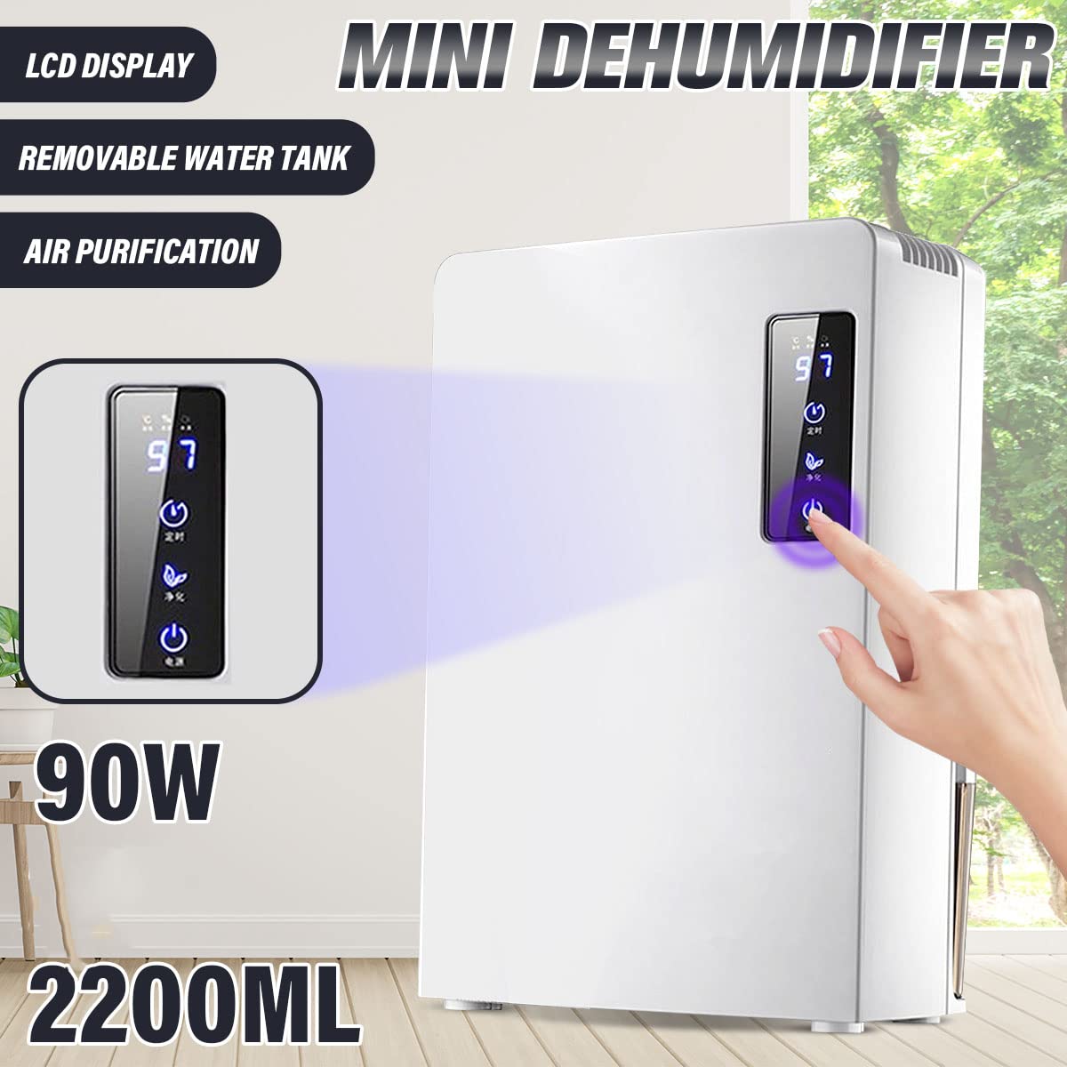 Elektryczny osuszacz do domu wilgotnego, przenośny osuszacz 2200ml z ekranem dotykowym LED i podwójnym systemem odwadniania do łazienki szafa garderoba RV sypialnia garaż