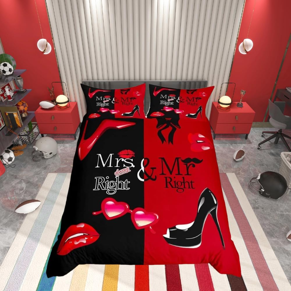 Homemissing Mr Mrs Bedding Set Couple Romantic Wedding Duvet Cover Black Red Creative Funny Quote Comforter Cover Sexy Red Lip Mustache Romance Bedspread Cover 2Pcs Single Size