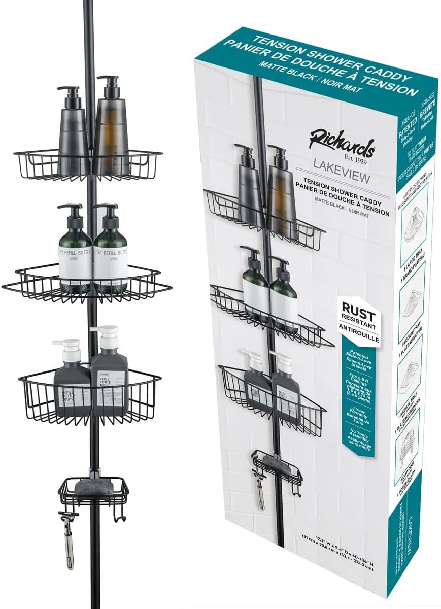 J&V TEXTILES Rustproof Shower Caddy Corner for Bathroom,Bathtub Storage Organizer for Shampoo Accessories,4-Tier Adjustable Shelves with Tension Pole (Black)