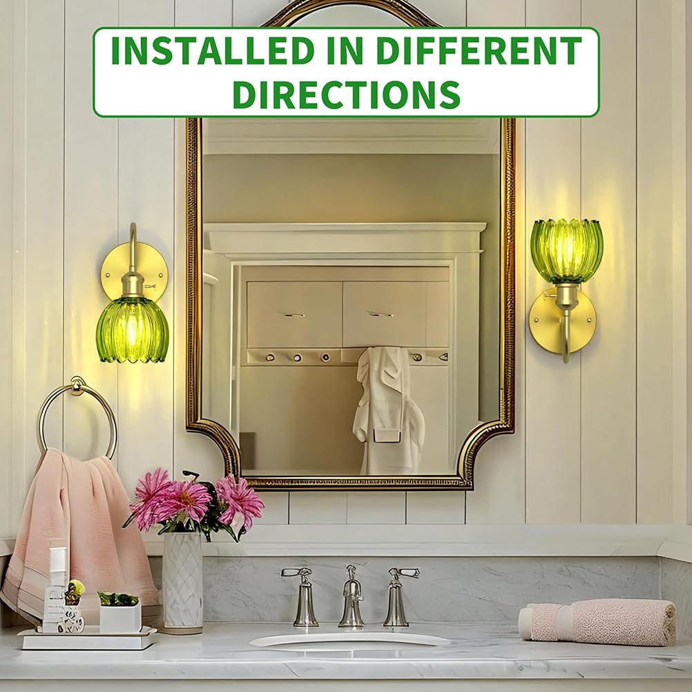 Lampa ścienna w stylu vintage, mosiężna, złota, z gwintem E27, z przełącznikiem i zielonym wzorem kwiatowym, szklany klosz, lampka nocna, dekoracyjna lampa do salonu, sypialni, restauracji, kawiarni,