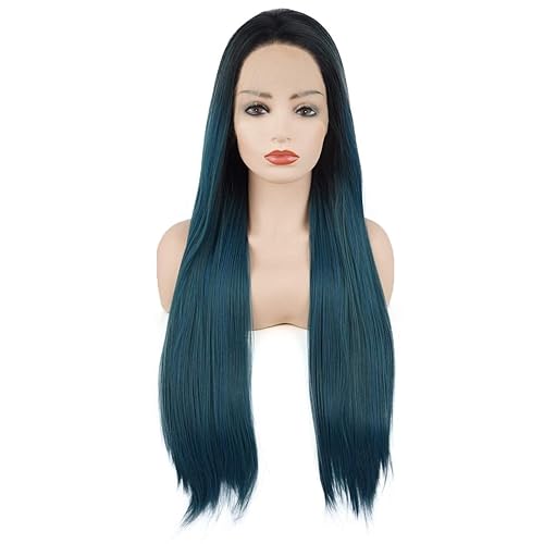 Pelucas de cabello liso súper largo de 28 pulgadas con raíces oscuras, mezcla de color azul y verde, densidad pesada, pelucas sintéticas realistas