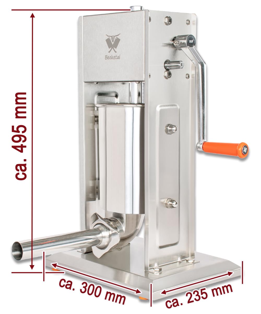Beeketal 'BT03' Edelstahl Industrie Wurstfüllmaschine (3 L Volumen) SGS-geprüft, Profi Wurstfüller mit gehärtetem 2 Gang Vollmetall-Getriebe und 90° Aluguss Handkurbel, inkl. 5 Fülltüllen