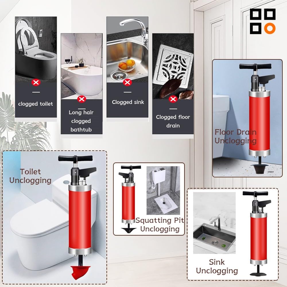 Desatascador Aire Comprimido, Desatascador Inflable para Inodoro, Desatascador de Inodoro con Barómetro, para Inodoro/Lavabo/Bañera/Drenaje de Suelo