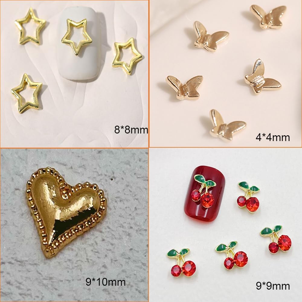48PCS Gold Nail Charms 3D Butterfly Cross Star Heart Cherry Nail Art Charms Nail Gems Gold Charms for Nails for Women Nail DIY Design - Image 7