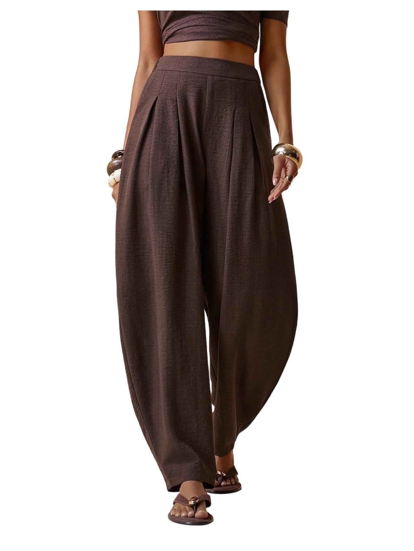BEAUDRM Women's Pleated Wide Leg Barrel Pants Elastic Waist Baggy Trousers Pleated, Casual, Wide Leg Pants, Vacation, Autumn Barrel Pant