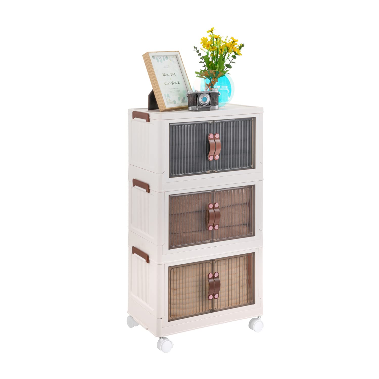 3 Tier Plastic Storage Bins with Wheels 12Gal,Stackable storage Containers with doors,Closet Organizers and Storage,Foldable Storage Box for Organization and Storage,Storage cabinet