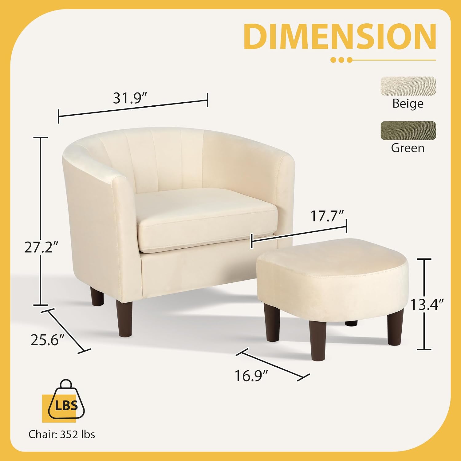 Accent Chair with Ottoman, Modern Barrel Chair with Footrest, Comfy Fabric Reading Chair with Curved Backrest & Plush Seat Pad, Upholstered Arm Chair for Living Room, Bedroom, Beige