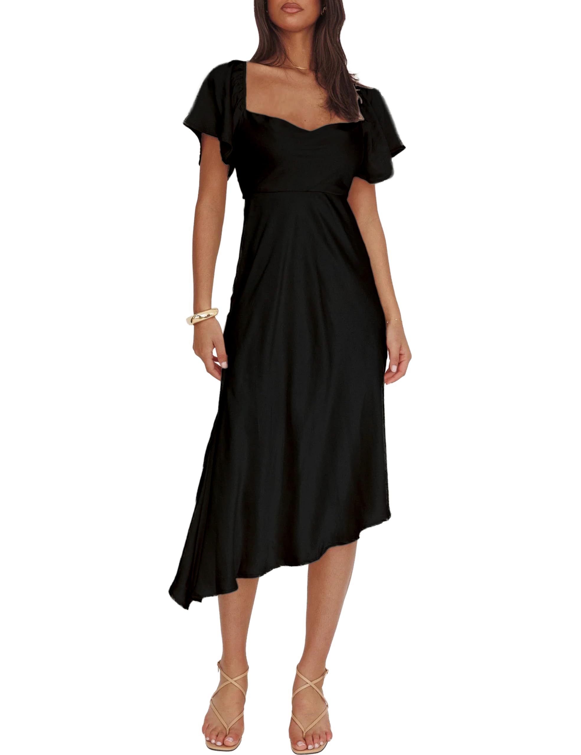 2026 Satin Cowl Neck Flutter Sleeve Midi Dress Silk Sexy Tie Back Asymmetrical Hemline