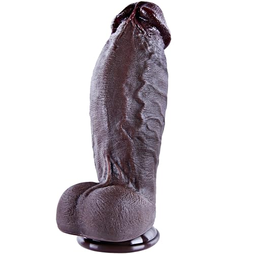 2.6'' Diameter XL Huge Thick Dildo Realistic Black Silicone Penis Suction | large,fat,wide,soft,dual density,anal,women,men,couple,gay,lesbian - Dark Brown - Medium