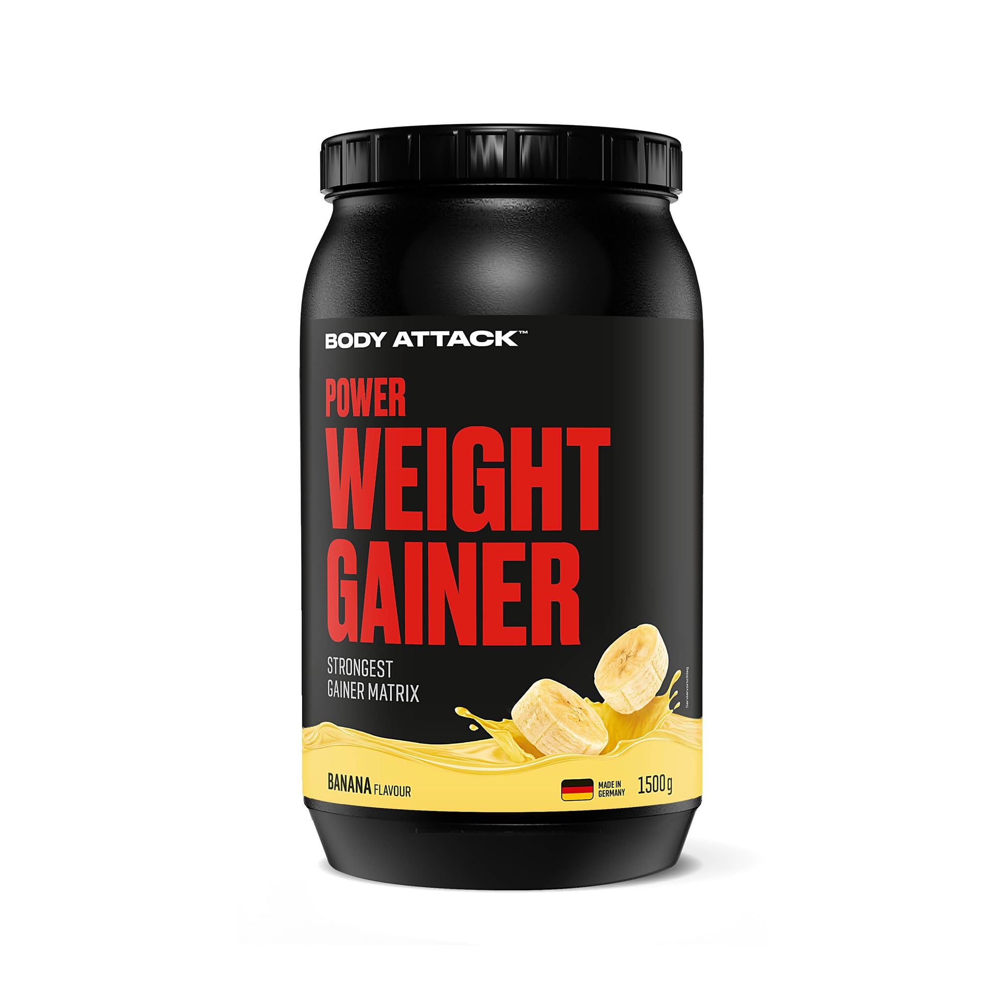 Body Attack Weight Gainer - Banana - 1,5 kg - Dein Mass Gainer für Masseaufbau & Muskelaufbau - Mit Whey Protein, BCAA und Kohlenhydraten - Dein fettarmer Masse Shake für hochwertige Kalorien