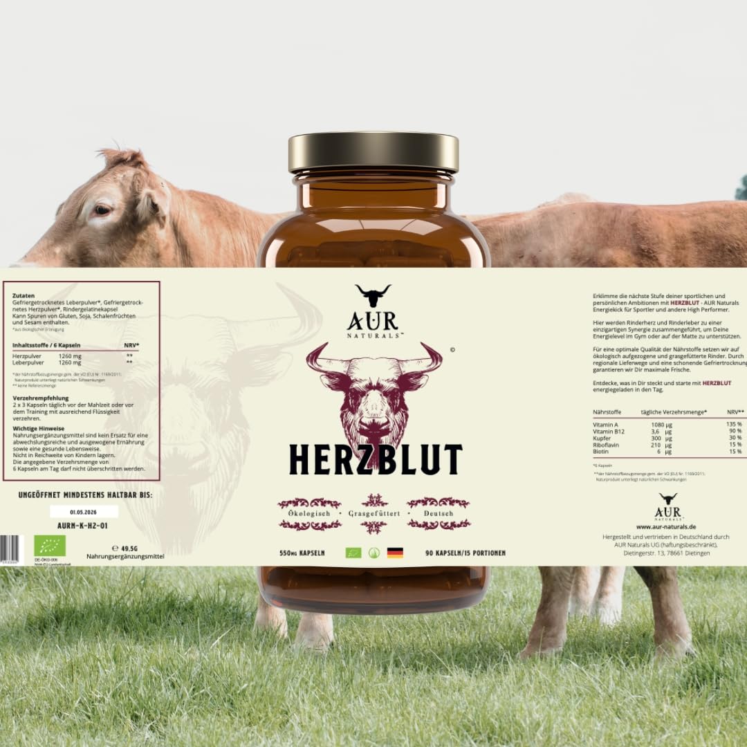 HERZSANG (90 capsules) – Forte synergie du cœur de bœuf et du foie de bœuf ; pour les sportifs ; plus d'énergie et de performance grâce aux superaliments naturels ; 100 % allemand, 100 % animal, 100 %
