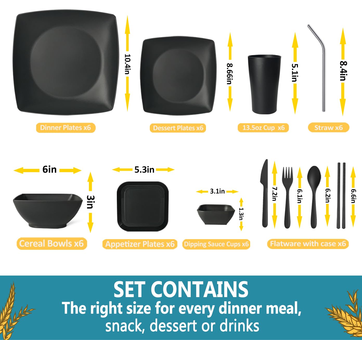 Teivio Juego de 66 piezas de cocina de plástico reutilizable cuadrado para 6 platos, cuencos y tazas de plástico irrompibles, color negro