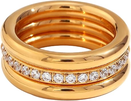 18K Gold Plated Cubic Zirconia Three Stacking Rings for Women | Stainless Steel Gold Ring Set for Women | 3 Trendy Rings Pack6